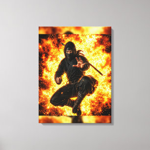 Impressão Em Tela Arte Japonesa Ninja Warrior em Parede de Fogo