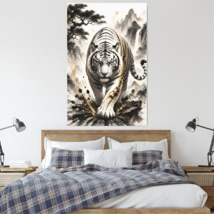 Impressão Em Tela Arte Japonesa Sumi-e em Tinta Branca no Tigre em T