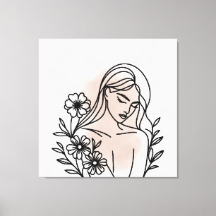 Impressão Em Tela Arte Linear de Mulher Elegante com Flores