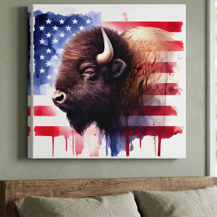 Impressão Em Tela Arte Magnífica de Bisonte Americano e Bandeira Pat