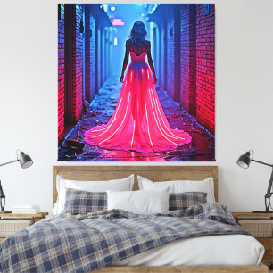Impressão Em Tela Arte Misteriosa de Beco com Vestido Rosa Cyberpunk