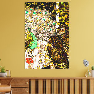 Impressão Em Tela Arte Neerlandesa Nouveau Peacock e Corujas