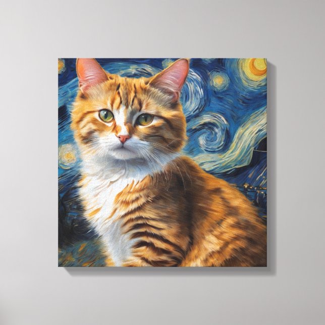 Impressão Em Tela Arte noturna estrelada com um gato (Frente)