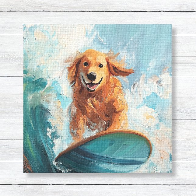 Impressão Em Tela Arte para Crianças Costeiras do Surfing Ouro Retri (Kids Coastal Decor Wall Art Canvas - Golden Retriever Dog Surfing a Blue Wave)
