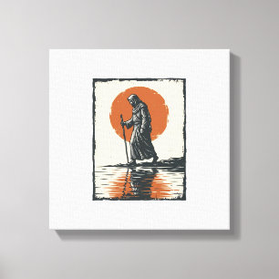 Impressão Em Tela Arte Vetorial Figura Caminhando Pôr do Sol Reflexo