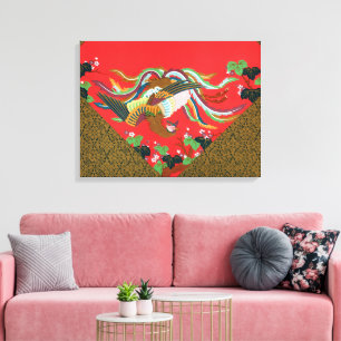 Impressão Em Tela Arte Vintage do Pássaro Fênix Japonês Vermelho G.A
