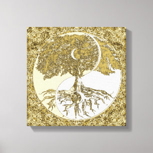 Impressão Em Tela Árvore da mandala do ouro de Yin Yang da vida