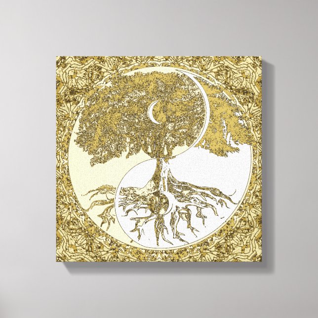 Impressão Em Tela Árvore da vida Yin Yang Dourado Mandala (Frente)
