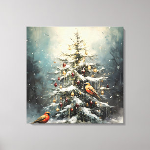 Impressão Em Tela Árvore de Natal Rústica de Inverno Pássaros Vermel