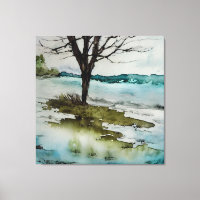 Árvore russa de aquarela e paisagem hídrica