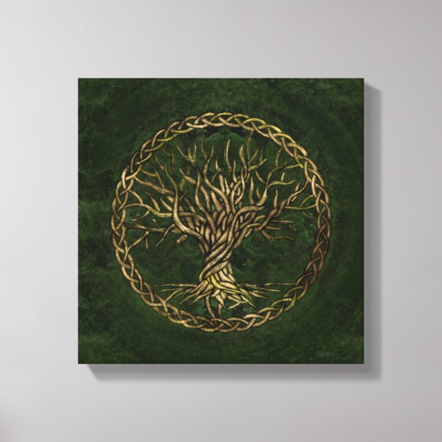 Impressão Em Tela Árvore viva - Yggdrasil - verde e ouro (Frente)