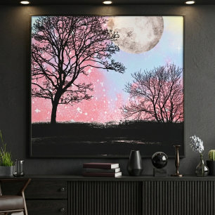Impressão Em Tela Árvores e Lua sob o Céu de Aquarela Rosa e Azul