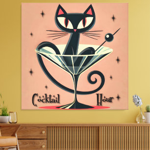 Impressão Em Tela Atomic Futuristic Space Age Black Cat Martini