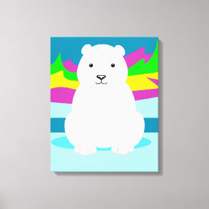 Impressão Em Tela Aurora Boreal Colorida e Urso Polar