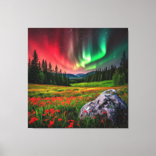 Impressão Em Tela Aurora Boreal Iluminando uma Campina Cênica