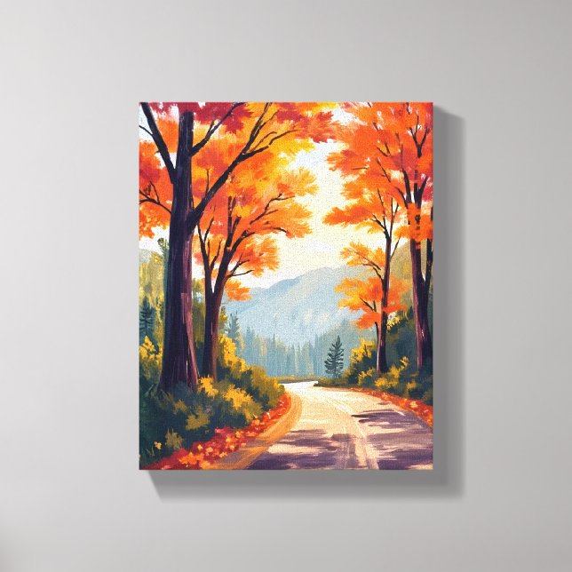 Impressão Em Tela Autumn Road | Watercolor Fall Foliage Leaves (Frente)