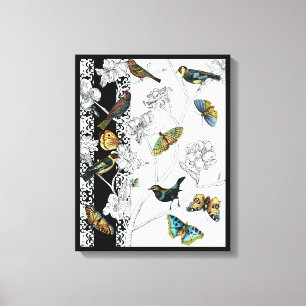 Impressão Em Tela Aves e Borboleta sobre fundo preto-e-branco
