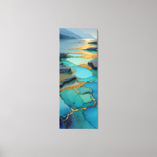 Impressão Em Tela Azul Abstrato & Dourado Paisagem Costeira Fluida