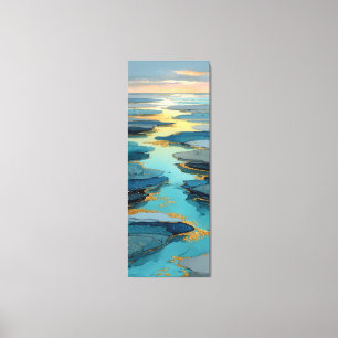 Impressão Em Tela Azul Abstrato & Dourado Paisagem Costeira Fluida