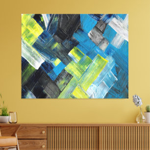 Impressão Em Tela Azul e Amarelo Pincelada Abstrata Geométrica