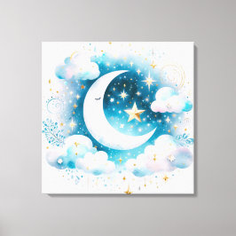 Impressão Em Tela Azul e Crescente Branco Lua Celestial Boho Moderno
