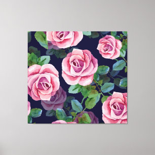 Impressão Em Tela Azul Escuro, Rosas Rosa Aquarela.