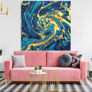 Impressão Em Tela Azul Fluido Ouro Himmering e Mar Profundo Acrílico