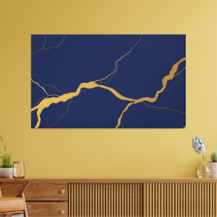 Impressão Em Tela Azul Marinho e Dourado Kintsugi Abstrato