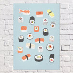 Impressão Em Tela Azul Sushi japonês<br><div class="desc">Arte de comida japonesa para aqueles que adoram comer sushi, sashimi, nigiri e roletas maki. Arte original de Nic Squirrell.</div>