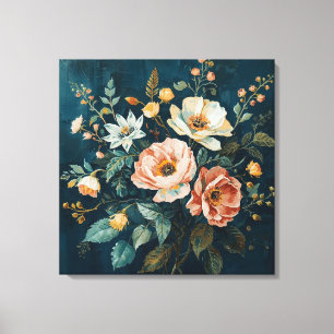 Impressão Em Tela Azul Teal Escuro Laranja Floral Cottagecore Vintag
