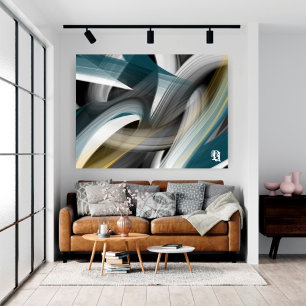 Impressão Em Tela Azul Verde Dourado Preto Branco Cinza Abstrato