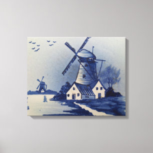Impressão Em Tela Azul Vintage Delft Moinho de Vento Branco