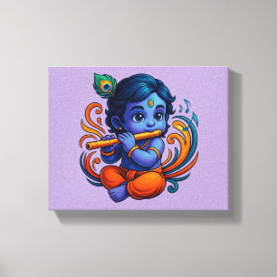 Impressão Em Tela Baby Krishna com Flauta - Víbias da Paz   3D vibra