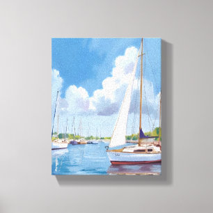 Impressão Em Tela Baía de Barcos à Vela   Pintura em Aquarela Costei