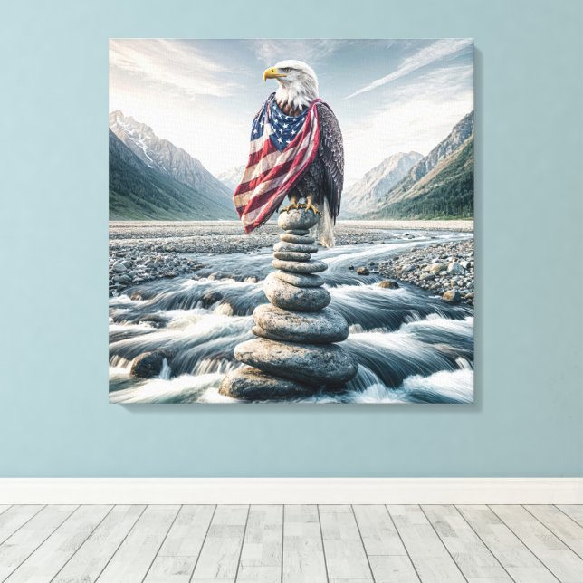 Impressão Em Tela Bald Eagle Com Bandeira Americana No Cairn (Insitu(piso de madeira))