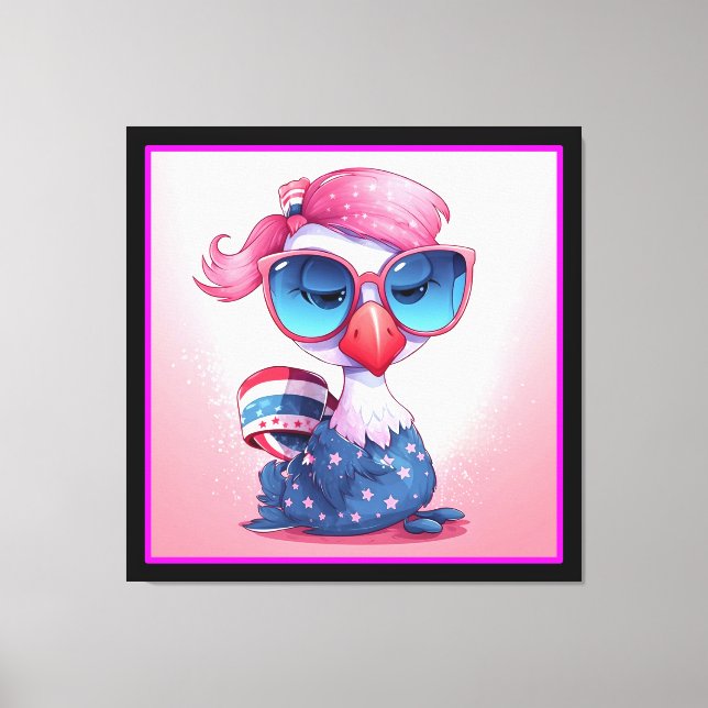 Impressão Em Tela Bandeira Americana com Flamingo Cartoon-69679 (Frente)