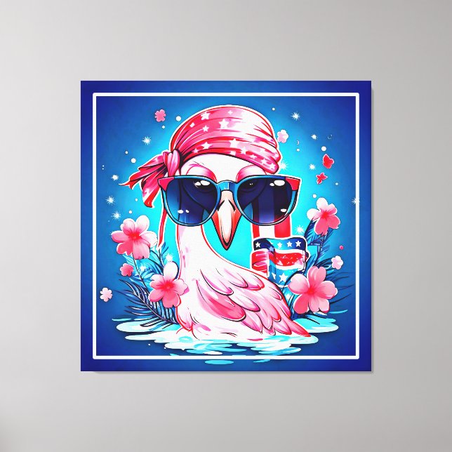 Impressão Em Tela Bandeira Americana com Flamingo Cartoon-69681 (Frente)