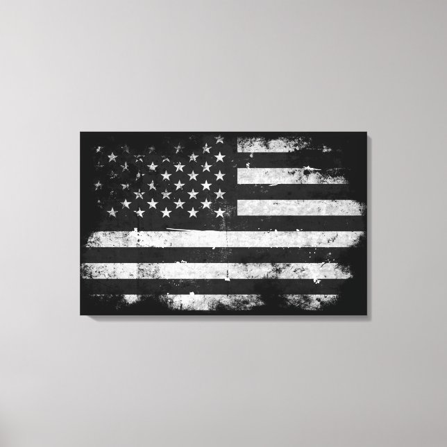 Impressão Em Tela Bandeira Americana do Grunge Negro e Branco (Frente)