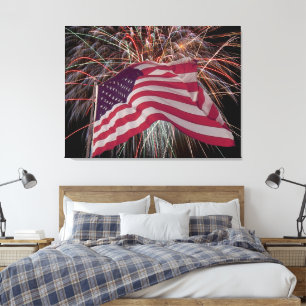 Impressão Em Tela Bandeira Americana e Fogos de Artifício