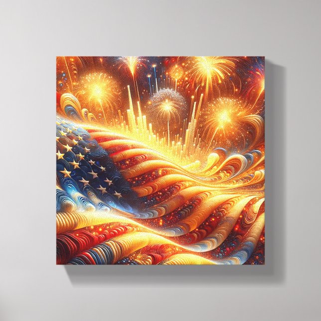 Impressão Em Tela Bandeira e fogos de artifício dos EUA em 4 de julh (Frente)