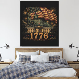 Impressão Em Tela Bandeira Patriótica Americana de 1776 Estátua da L
