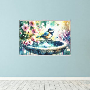 Impressão Em Tela Banho de Pássaros de Primavera em Aquarela