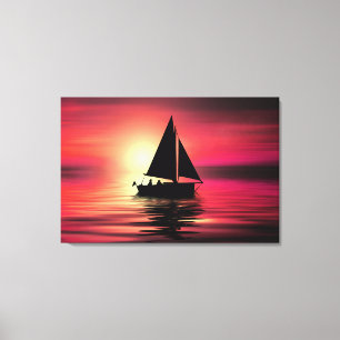 Impressão Em Tela Barco à Vela ao Pôr do Sol no Mar Projeto de Arte