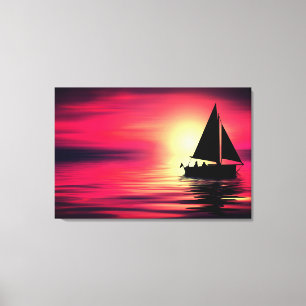 Impressão Em Tela Barco à Vela ao Pôr do Sol no Mar Projeto de Arte