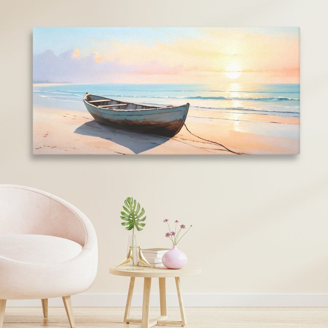 Impressão Em Tela Barco em Arte Costeira Elegante Calm Shore (An elegant canvas print, depicting a wooden boat on a calm beach in the golden hour before sunset)
