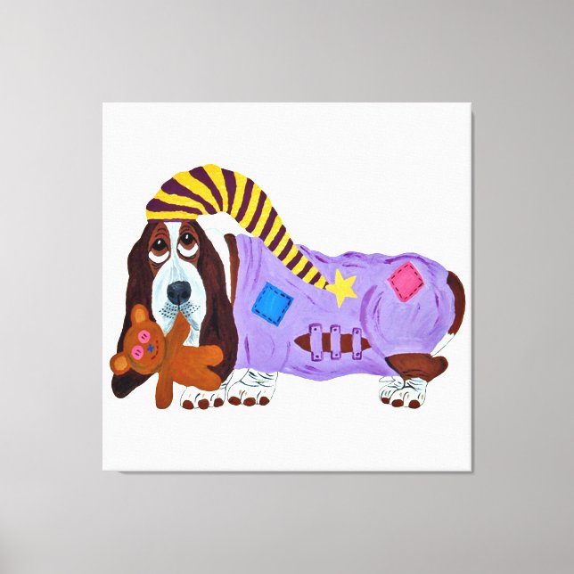 Impressão Em Tela Basset Hound em PJs com ursinho de pelúcia (Frente)