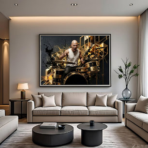 Impressão Em Tela Baterista de Rock Intenso Design de Música Dourado