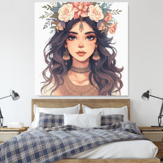 Impressão Em Tela Beautiful Floral Anime Girl – Soft Pastel Aesthe