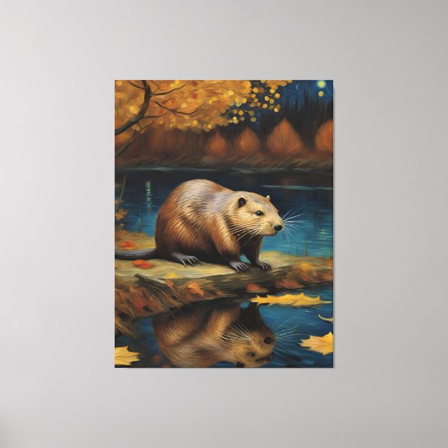 Impressão Em Tela Beaver à noite por Van Gogh AI Gerado (Frente)
