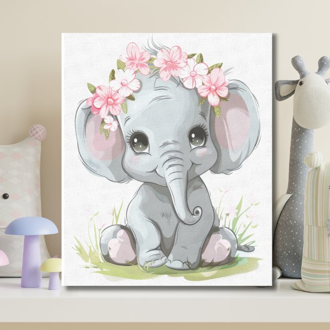 Impressão Em Tela Bebê Elefante Flores Rosa na Cabeça (Baby Elephant with pink flowers on head. Adorable cute nursery canvas wall art Baby Shower gift)